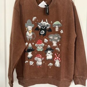 Hot Topic Brown Graphic Sweater with Whimsical Characters